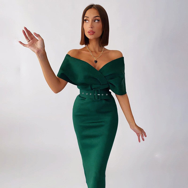 Damen langes Kleid mit V-Ausschnitt und langen Ärmeln