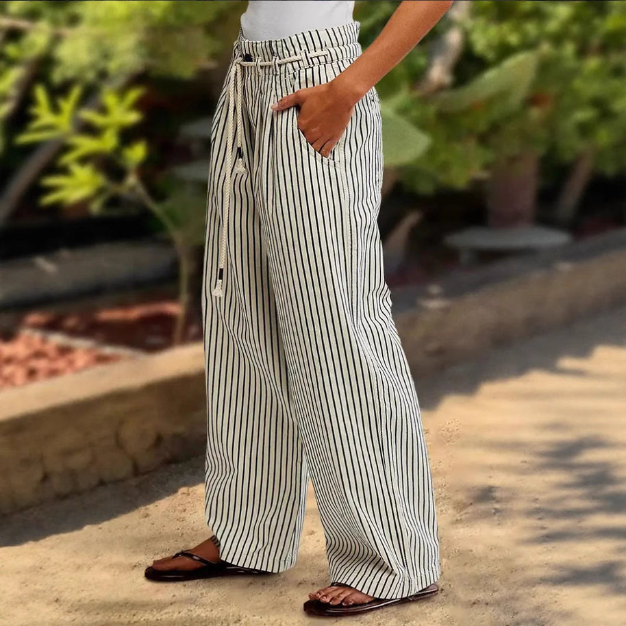 Damen Bequeme Strandhose mit lässigem Streifenmuster und geflochtenem Bund WW
