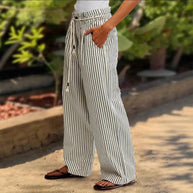 Damen Bequeme Strandhose mit lässigem Streifenmuster und geflochtenem Bund WW