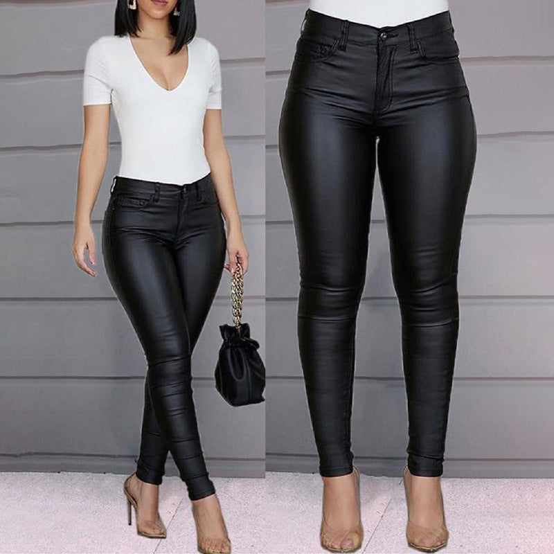 Damen Skinny Jeans aus Kunstleder mit hohem Bund und figurbetonendem Schnitt WW