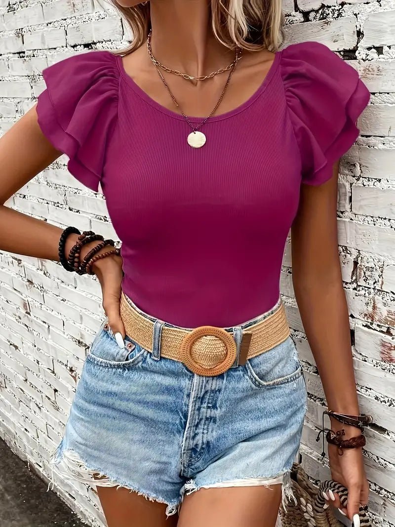 Damen Rippstrickoberteil mit Volants WW