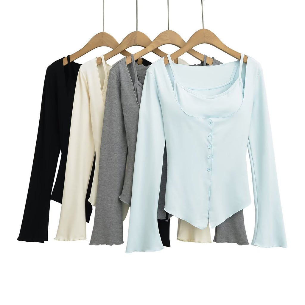Damen Longsleeve Top mit Knopfleiste und eleganten Volants WW