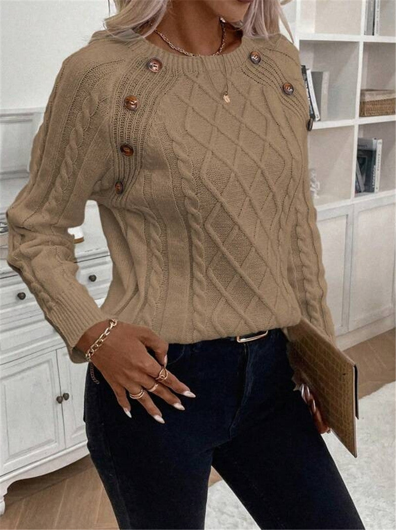 Damen Strickpullover mit strukturiertem Rautenmuster und dekorativen Knöpfen WW