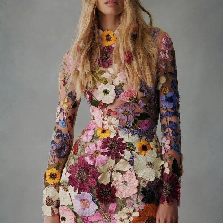Damen Blütenbesticktes Minikleid mit transparenten Ärmeln W&W Mode
