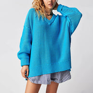 Damen V-Ausschnitt Oversized Pullover mit strukturiertem Strickmuster WW