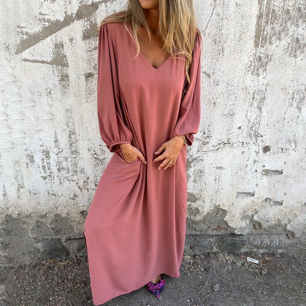 Damen Maxi-Kleid mit eleganten Puffärmeln und seitlichen Schlitzen WW