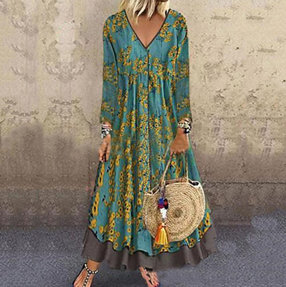 Damen blumiges Maxikleid mit weitem Schnitt und V-Ausschnitt WW