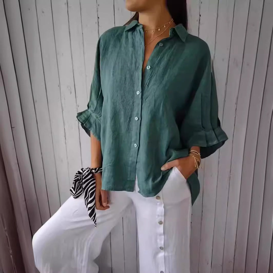 Damen lässige Bluse aus Leinen mit Knopfleiste und seitlichen Taschen WW