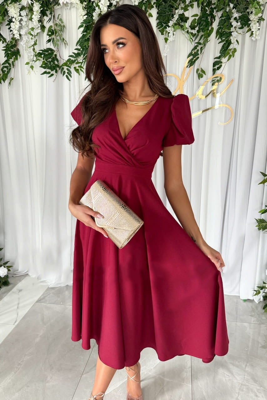 W&W Mode | Stylisches Pendeln Unifarbe V-Ausschnitt Puffärmel Kleid