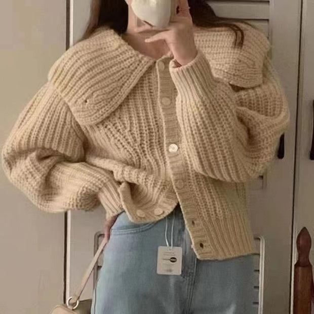 Damen Strickjacke mit großem Kragen und voluminösen Ärmeln WW