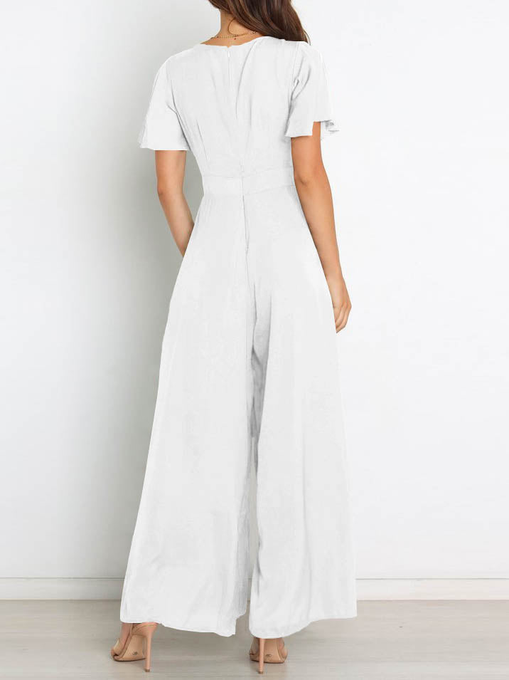 WW | Kurzarm Breite Beinform Lässig V-Ausschnitt Jumpsuit