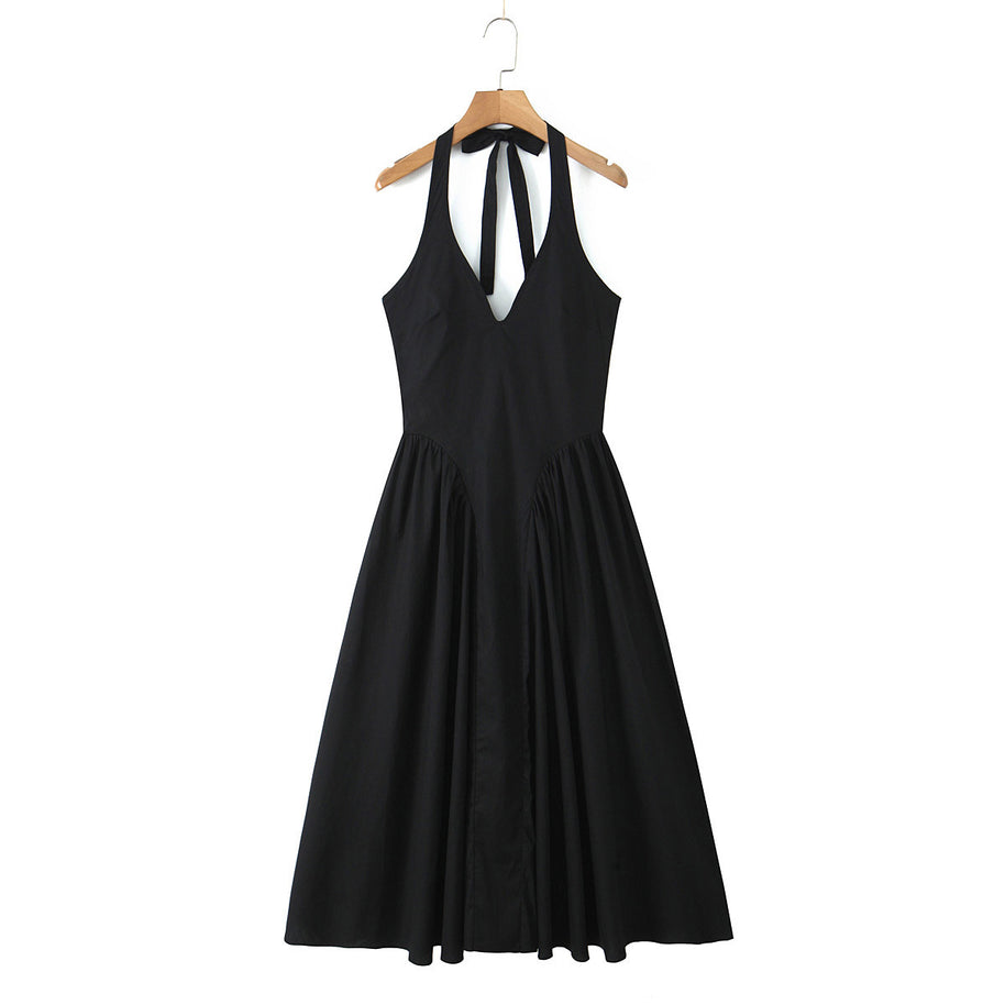 Damen A-linien Midi-Kleid mit tiefem V-Ausschnitt und verspieltem Rückenausschnitt WW