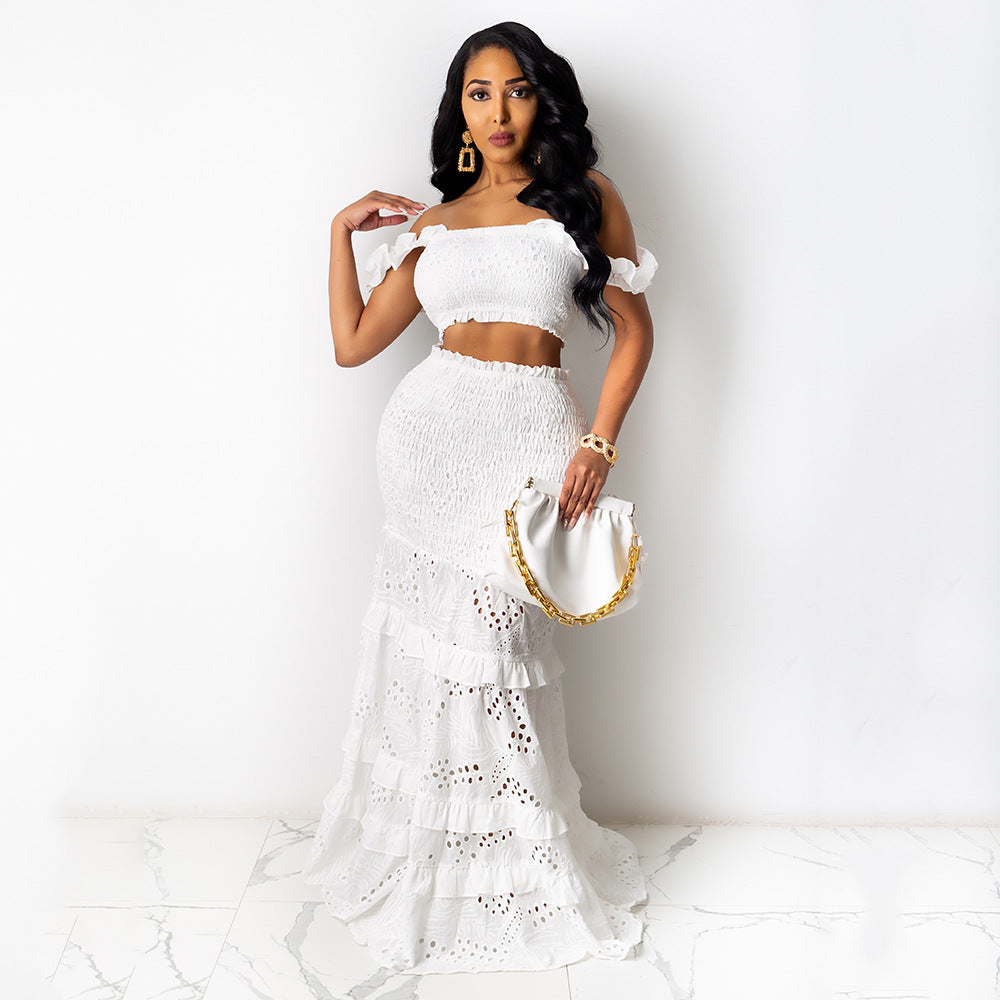 Damen Crop-Top und Maxirock Set mit Rüschendetails und Lochstickereien WW