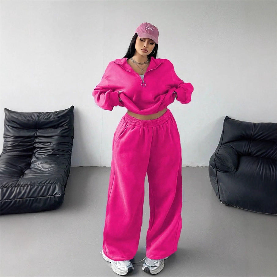 Damen Sportliches und lässiges Fleece-Set mit halbem Reißverschluss WW