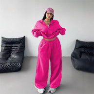 Damen Sportliches und lässiges Fleece-Set mit halbem Reißverschluss WW