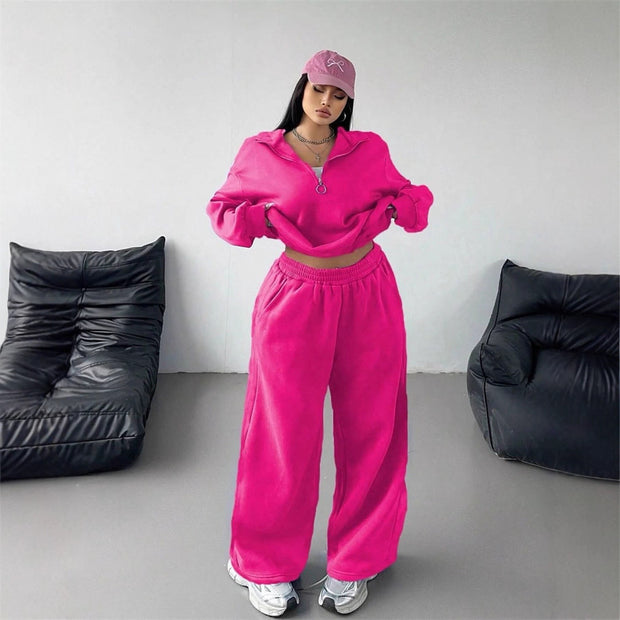 Damen Sportliches und lässiges Fleece-Set mit halbem Reißverschluss WW
