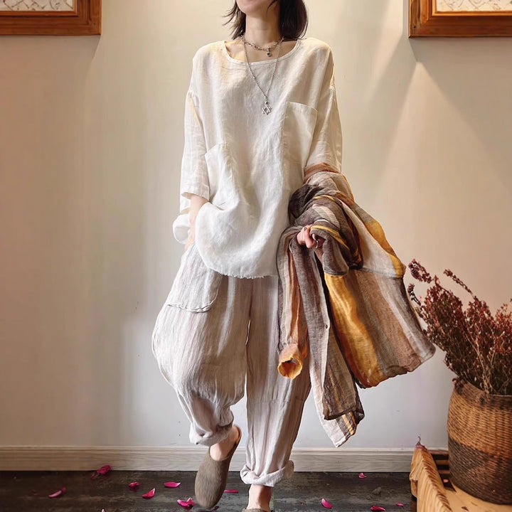 Damen Relaxed Fit Leinen Tunika mit aufgesetzten Taschen W&W Mode