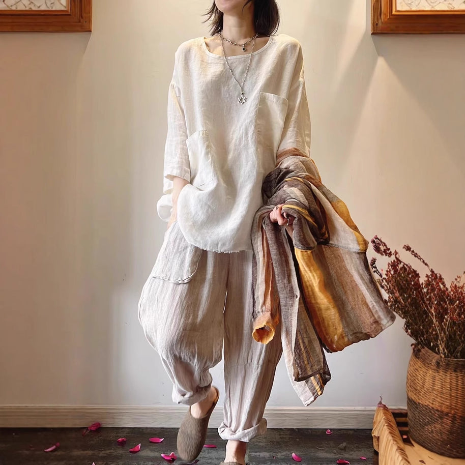 Damen Relaxed Fit Leinen Tunika mit aufgesetzten Taschen WW