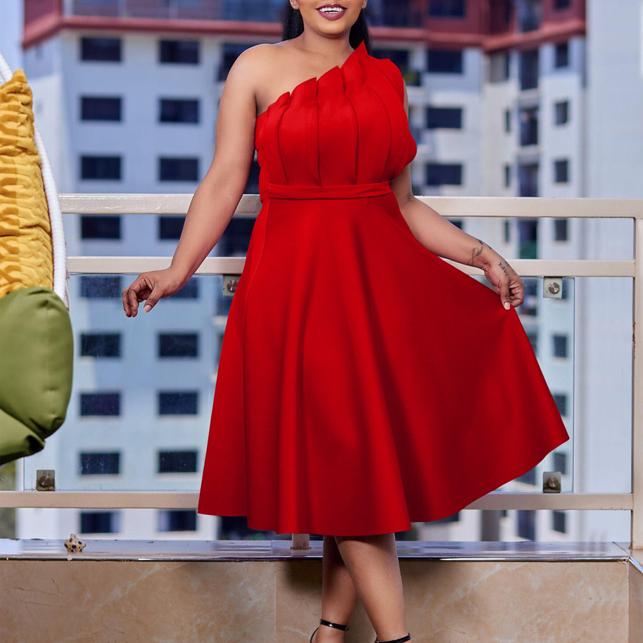 Damen A-linien Kleid mit voluminösen Rüschen und elegantem Taillengürtel WW
