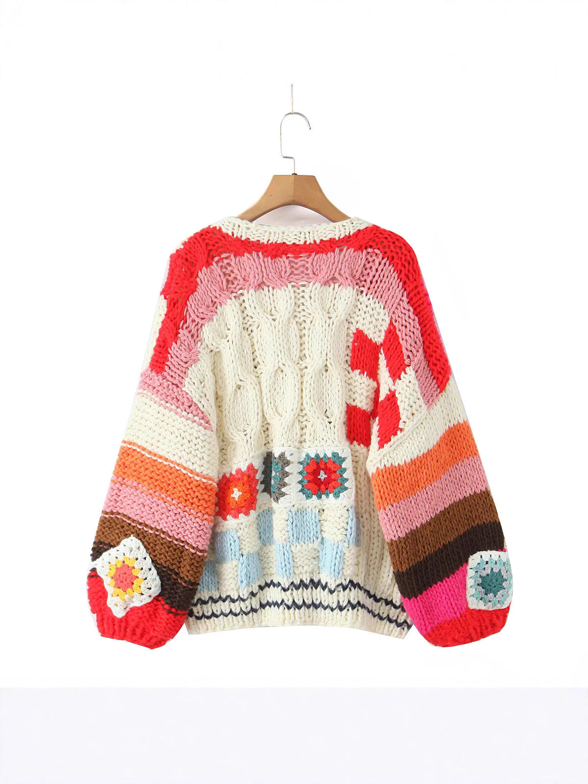 Damen Strickjacke im kreativen Patchwork-Design mit weitem Schnitt WW