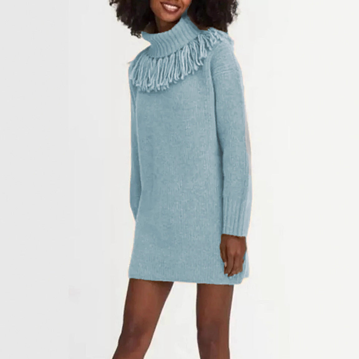 Damen Strickkleid mit Fransenkragen und gerippten Ärmeln WW