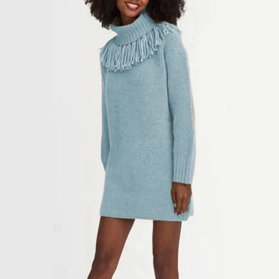 Damen Strickkleid mit Fransenkragen und gerippten Ärmeln WW