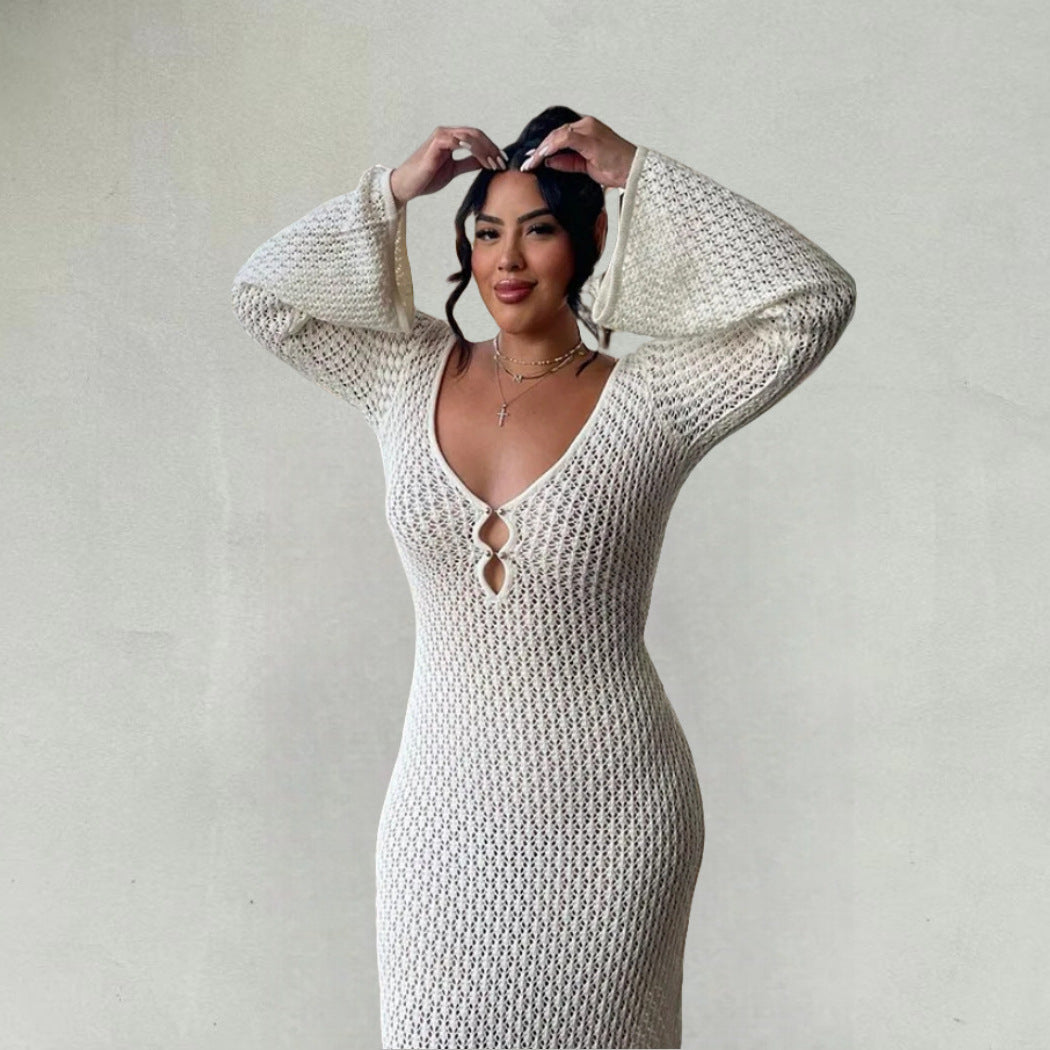 Damen Strick-Maxikleid mit tiefem V-Ausschnitt und modischen Rüschendetails WW