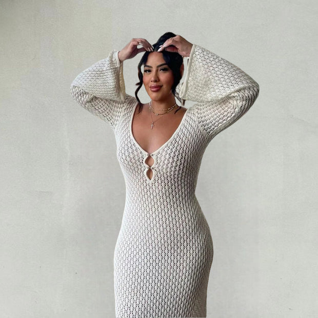 Damen Strick-Maxikleid mit tiefem V-Ausschnitt und modischen Rüschendetails WW