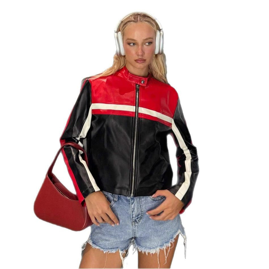 Damen sportliche Kunstlederjacke mit dekorativen Streifen WW