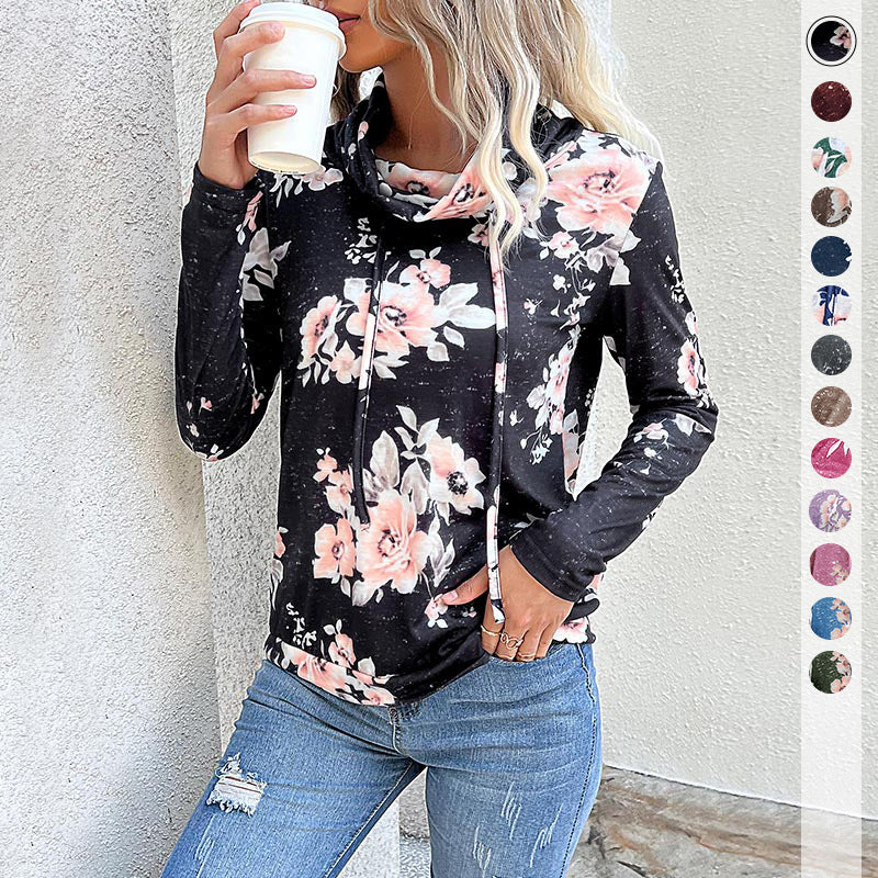 Damen Kapuzenpullover mit floralem Muster und modernem Rollkragen WW