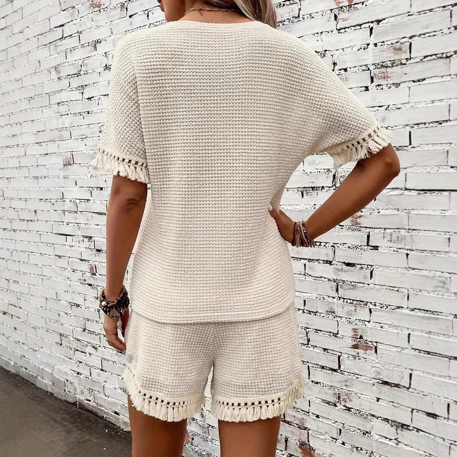 Damen Strick-Shorts-Set mit Fransenverzierung WW