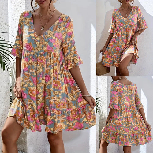 Damen Freizeitkleid mit V-Ausschnitt und fließendem Schnitt W&W Mode