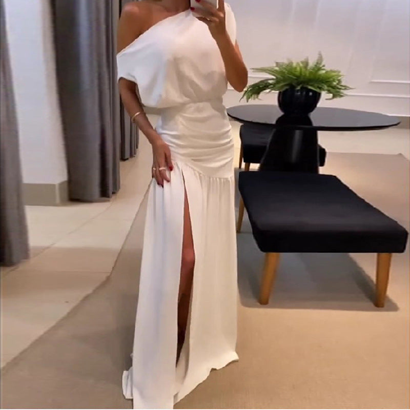 Damen schulterfreies Maxikleid mit fließendem Design und hohem Schlitz W&W Mode