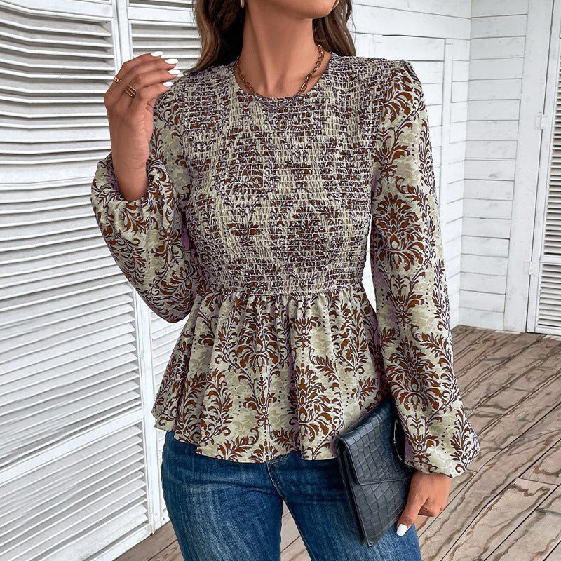 Damen Bluse mit eleganter Rüschennähten und floralem Muster WW