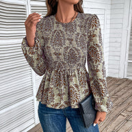 Damen Bluse mit eleganter Rüschennähten und floralem Muster WW
