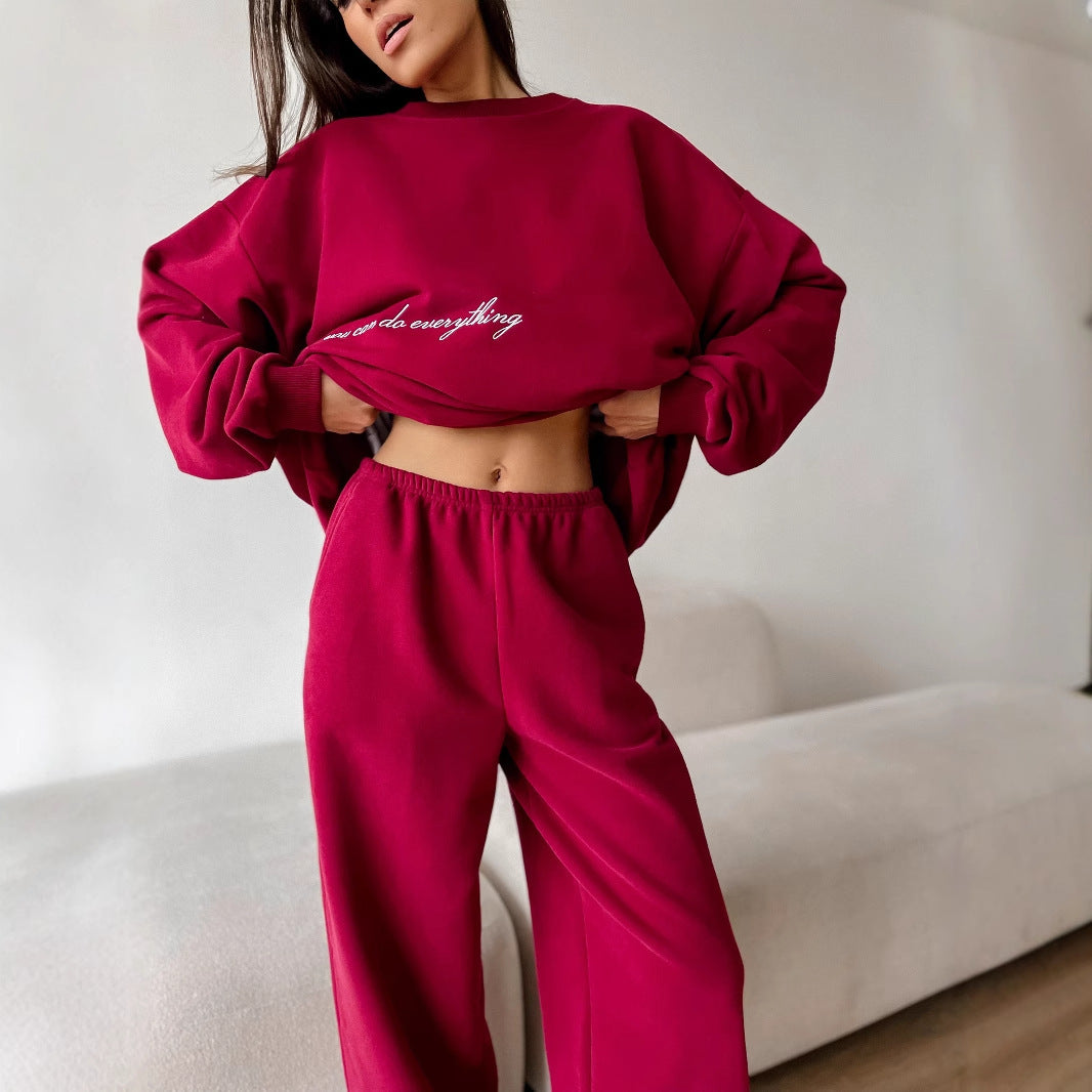 Damen bequemer Kuschel-Sweatanzug mit elastischem Bund und modischem Schriftzug WW