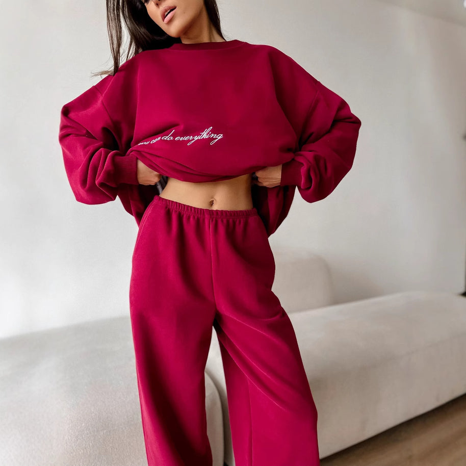 Damen bequemer Kuschel-Sweatanzug mit elastischem Bund und modischem Schriftzug WW