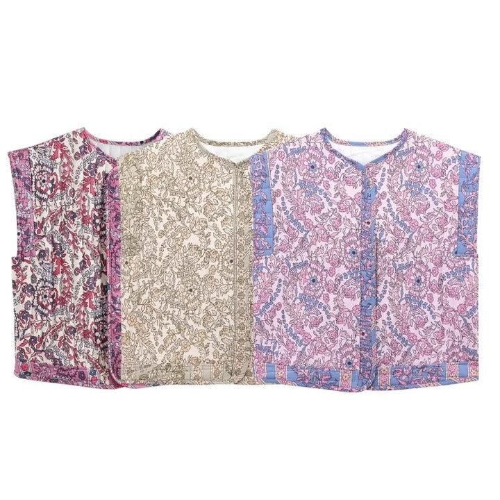 Damen gesteppte Weste mit floralem Design und praktischen Taschen W&W Mode