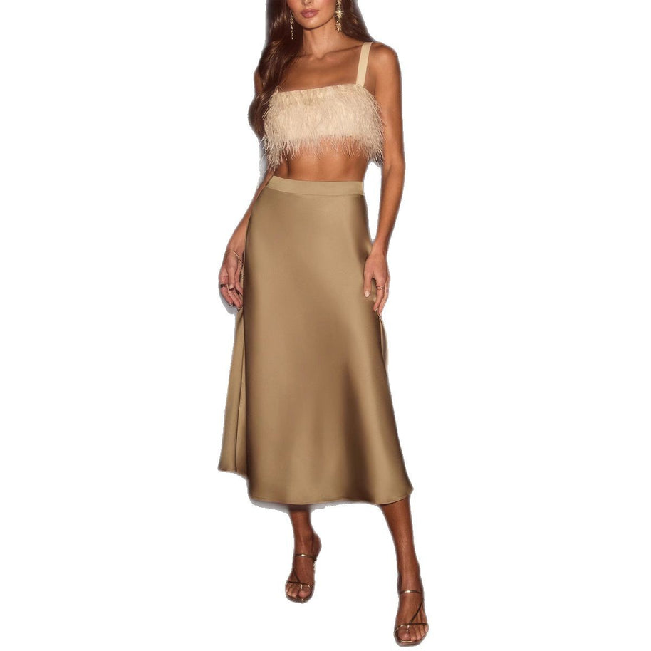 Damen schwingender Satin-Midirock mit elastischem Taillenbund WW