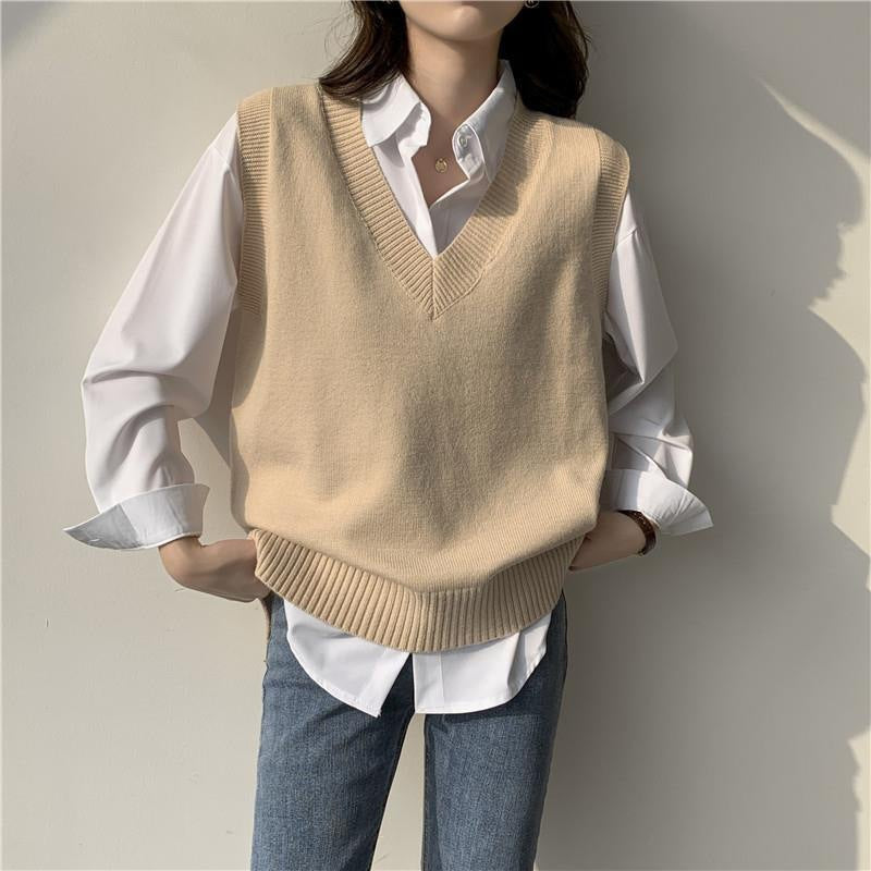 Damen Ärmellose Strickweste mit V-Ausschnitt und Rippdetails WW