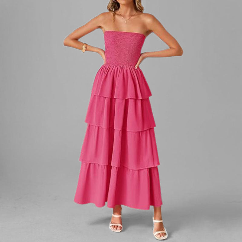 Damen Maxikleid mit schulterfreiem Design und voluminösen Rüschenschichten W&W Mode
