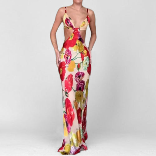 Damen Maxikleid mit raffiniertem Cut-Out-Design und floralen Akzenten W&W Mode
