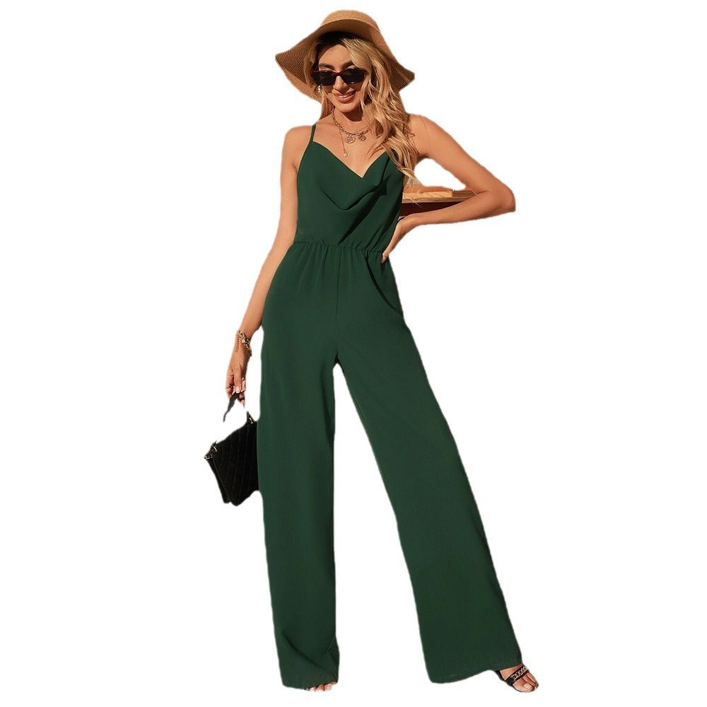 W&W Mode | Jumpsuit Hoher Bund Spaghettiträger Drapierter Ausschnitt Weite Beine
