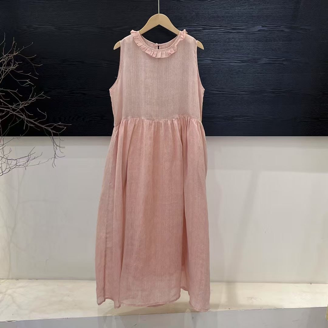 Damen Relaxed Fit Rüsch-Leinen-Maxi-Kleid WW