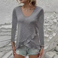 Damen Raffiniertes V-Ausschnitt Oberteil mit asymmetrischem Saum WW