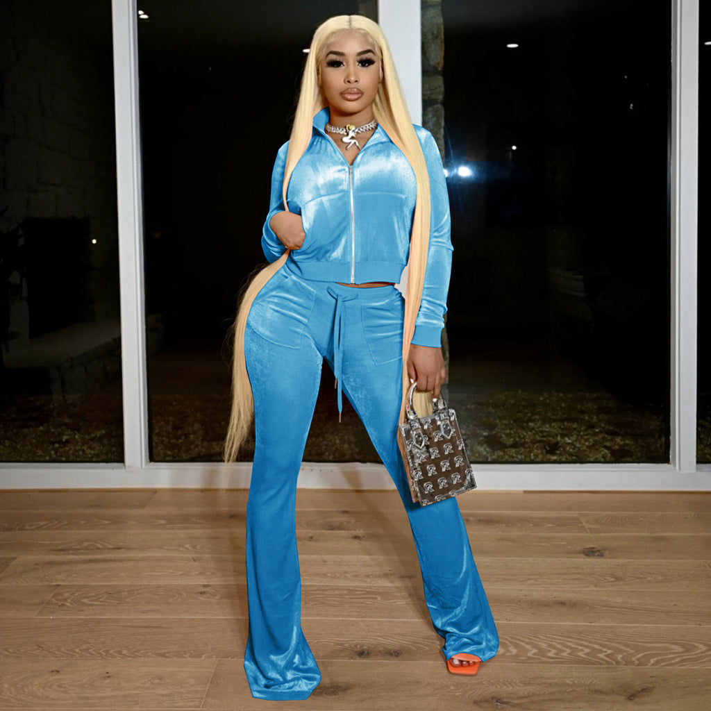 Damen Velours Tracksuit mit Zip-Front und weit geschnittener Hose WW