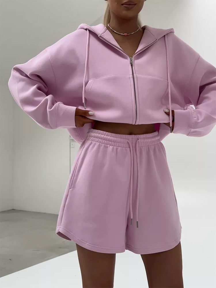 Damen sportliches Cropped Hoodie und Shorts Set WW