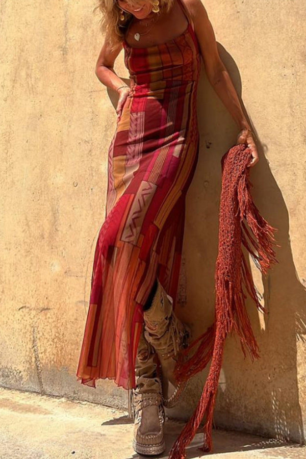 Damen Maxikleid mit asymmetrischem Ethno-Muster und schmalen Spaghettiträgern WW