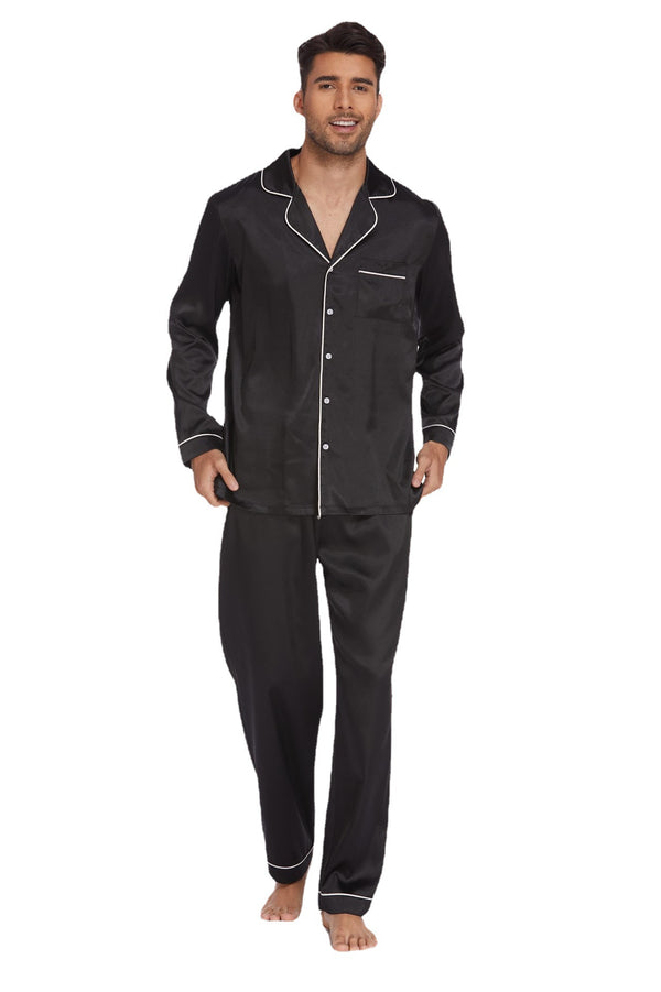 Herren Satin Schlafanzug mit eleganter Knopfleiste und kontrastrierendem Besatz WW