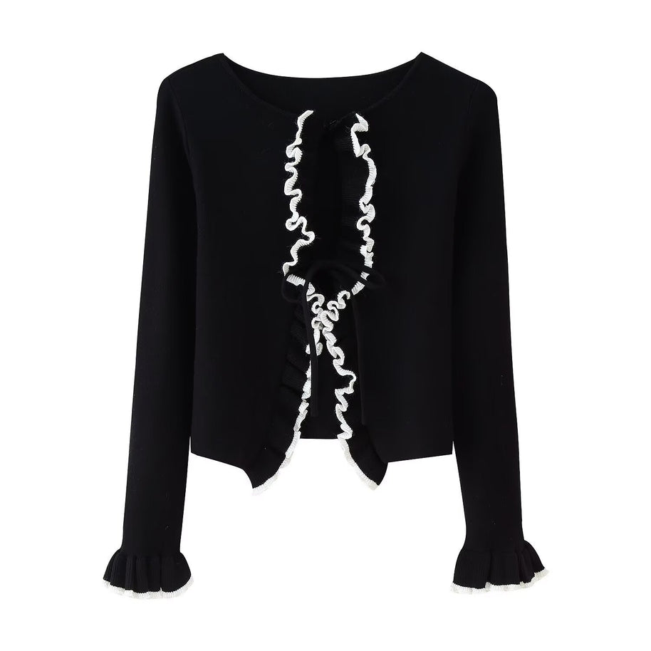 Damen Strickjacke mit Rüschen und Bändern WW